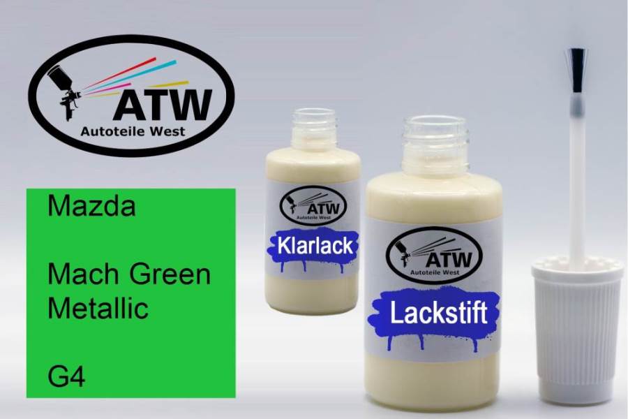 Mazda, Mach Green Metallic, G4: 20ml Lackstift + 20ml Klarlack - Set, von ATW Autoteile West.